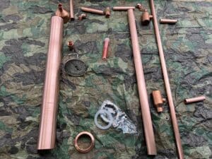 DIY keg still kit with copper ferrule, and unions.