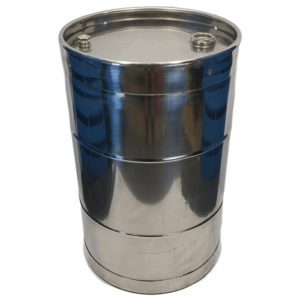 Stainless steel polished fifty five gallon barrel.