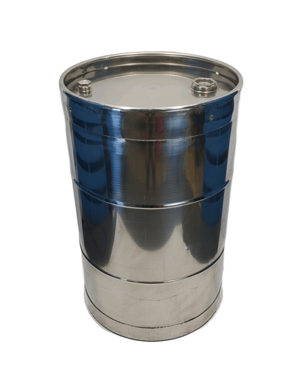 Stainless steel polished fifty five gallon barrel.