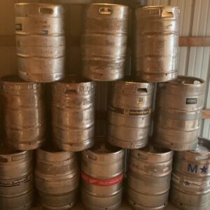 Stack of beer kegs for making keg stills.