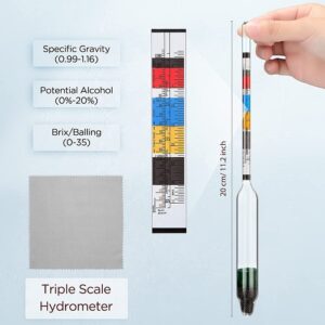 Triple scale hydrometer with graduated cylinder.