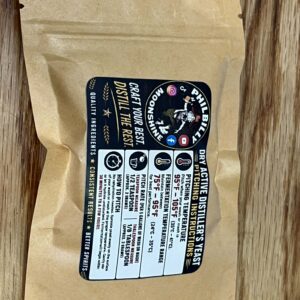 Philbilly Moonshine 2 oz Dry Active Distiller's Yeast package with pitching instructions and logo for 5-gallon fermentation batches