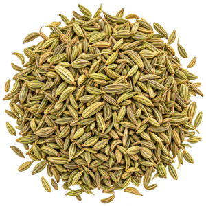 Pile of fennel seeds in a square picture with a clear background.