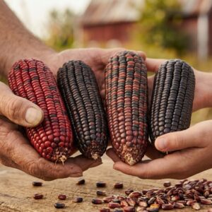 Close-up of a pair of hands holding deeply colored cobs of heirloom Jimmy Red corn, showcasing the vibrant red and dark purple kernels over a wooden workspace.