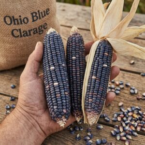 A close-up of deeply colored blue and white kernels on three cobs of heirloom Ohio Blue Clarage corn held in a man’s hand.