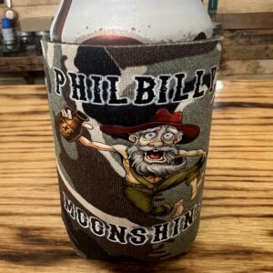 PhilBilly Moonshine insulated can koozie with official company logo on a standard 12oz beverage can.