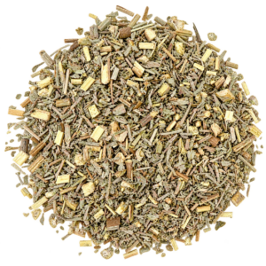 A pile of cut and sifted worm wood in a square picture with a clear background.
