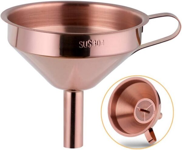 Stainless steel funnel with detachable screen.