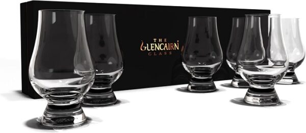 Six Glencairn whiskey glasses in a presentation box.