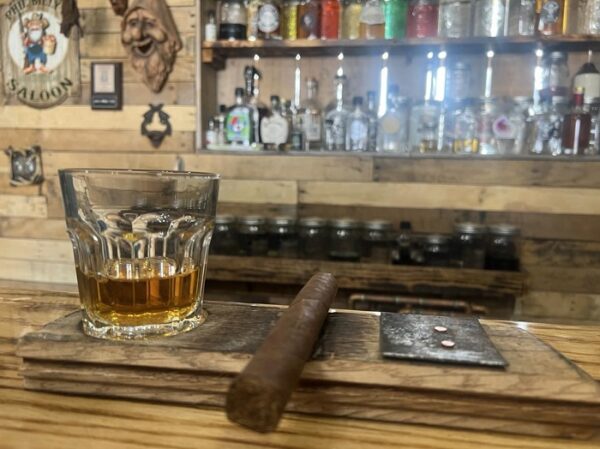 Barrel stave cigar and bourbon glass holder.