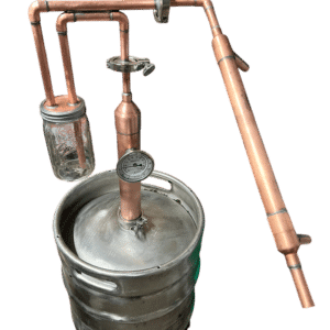 Handcrafted 1 foot copper still column with counter-balanced thumper jar and Liebig condenser.