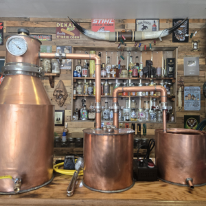 Complete hand-crafted 5-gallon. copper still setup with matching 2-gallon thumper and traditional worm condenser