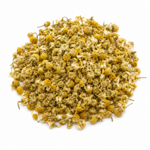 Dried chamomile flowers in a pile on a clean white background.
