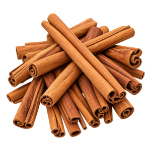 Pile of whole Ceylon cinnamon sticks isolated on a transparent background