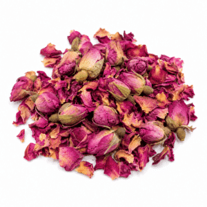 Dried rose buds and petals botanical on a white background.