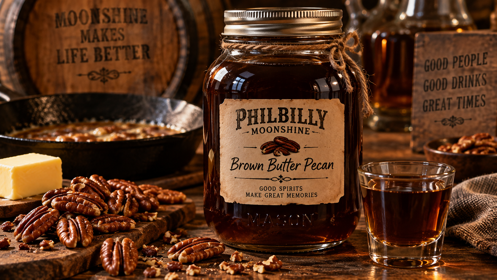 Jar of homemade brown butter pecan moonshine.