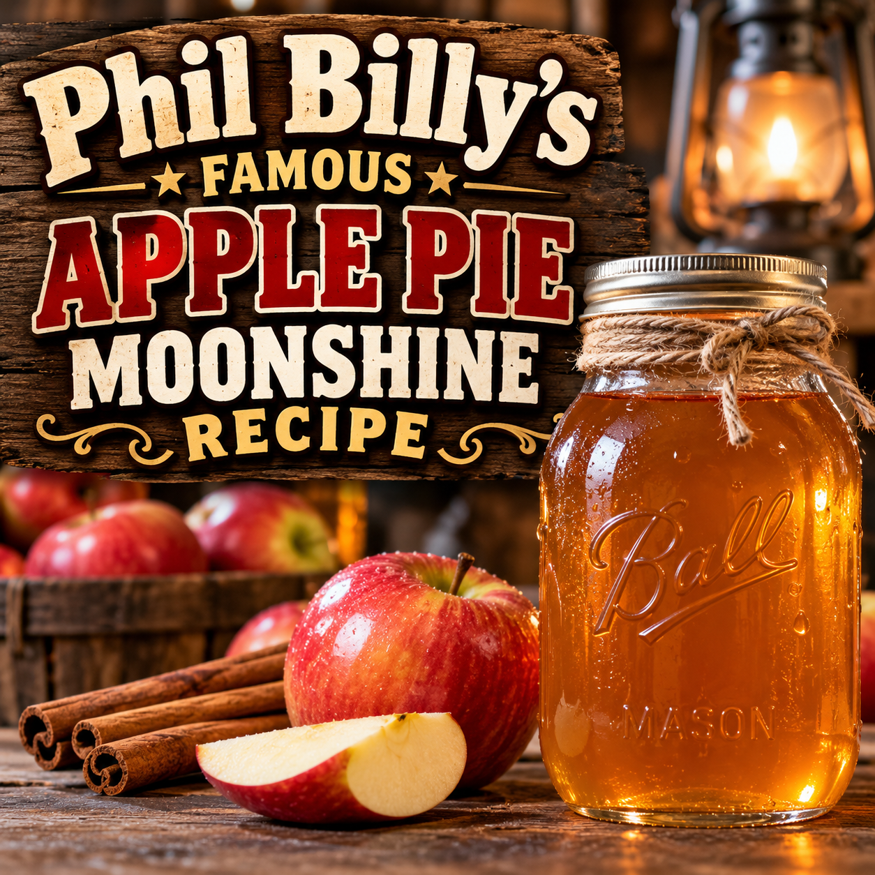 Apple pie moonshine on top of table with apples and cinnamon.