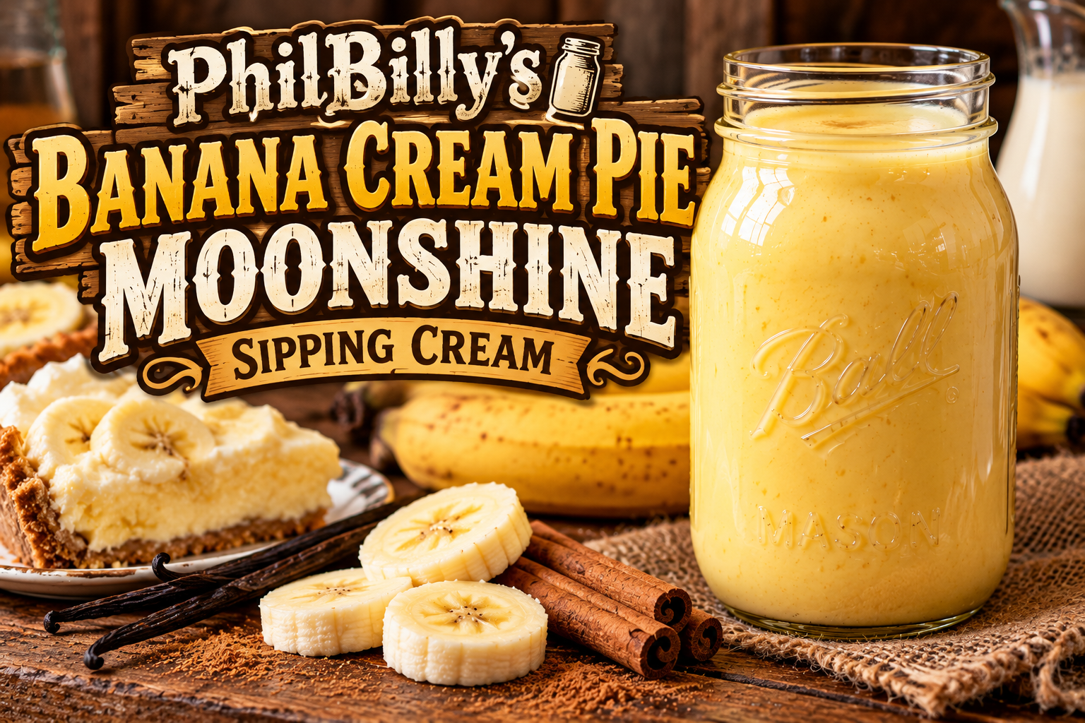 PhilBilly’s Banana Cream Pie Moonshine Sipping Cream in a mason jar with bananas, cinnamon and vanilla.